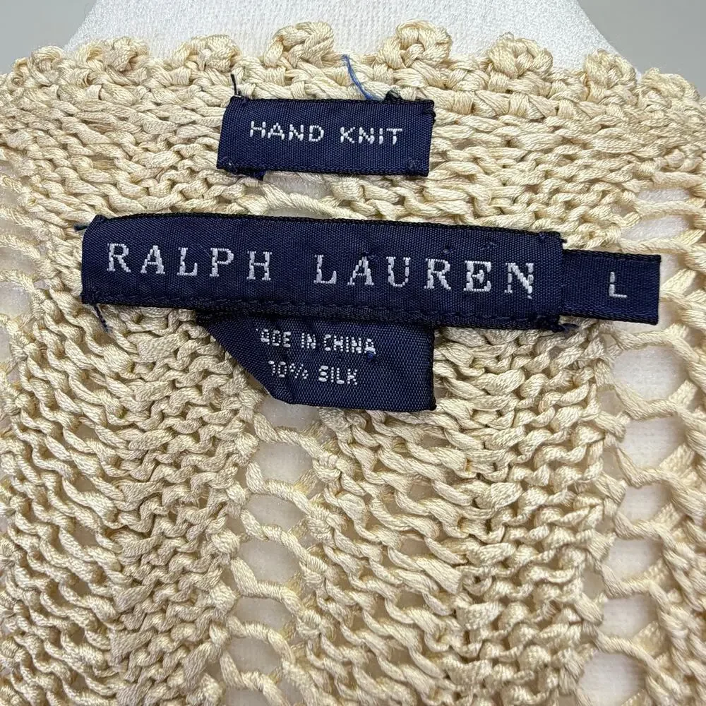 RALPH LAUREN Silk Crochet Cardigan Open Front Beige Womens L Cottagecore Boho - Picture 4 of 8